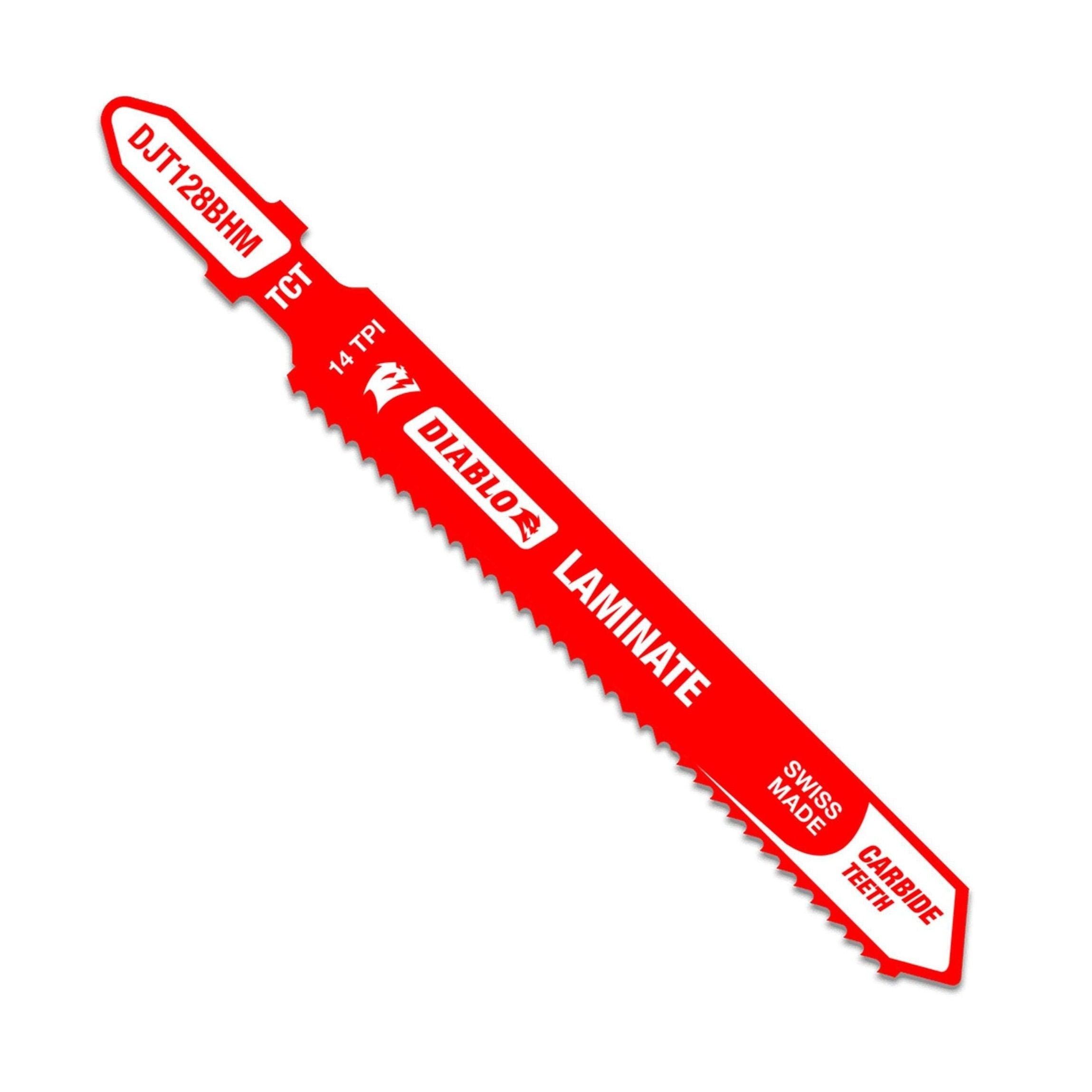 The Diablo DJT128BHM 3-5/8 in. 14 TPI Carbide Jig Saw Blade is ideal for cutting laminate flooring, featuring a T-shank, sharp carbide teeth, and a bi-directional tooth design with white text: DJT128BHM, TCT, Swiss Made.